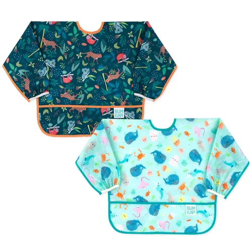 Miniatura 8 de Bumkins Babero con mangas para bebé, babero para niños pequeños, smock, tela impermeable, se adapta a edades de 6 a 24 meses, acuarela Acuarela E6