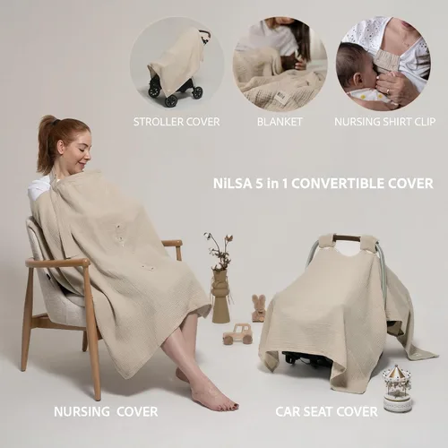 Miniatura 3 de Nilsa Cubierta de muselina 5 en 1 para lactancia materna y asiento de coche de bebé, funda transpirable para lactancia materna con aro rígido