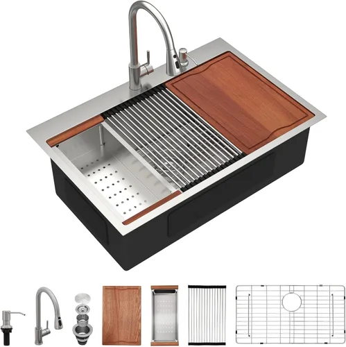 Miniatura 28 de Dcolora 33x22 Fregadero de cocina de acero inoxidable de 16 calibres, estación de trabajo de caída, fregadero de cuenco único grande, montaje
