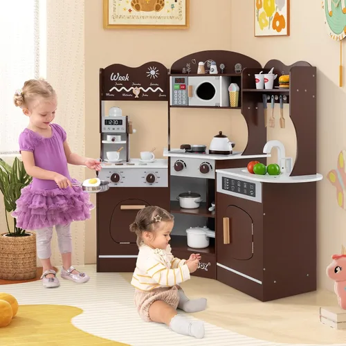 Miniatura 8 de HONEY JOY Cocina de Jugar de Esquina, Juego de Cocina de Madera para Niños Pequeños con Luces, Cafetera, Microondas, Fregadero, Grifo, Juego