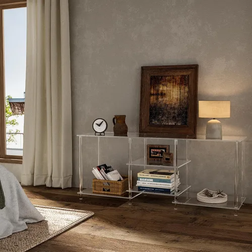 Miniatura 7 de Eglaf - Soporte acrílico para TV de 55 pulgadas, centro de entretenimiento de 3 niveles, hasta 60 pulgadas Clear TV Console Table with Open