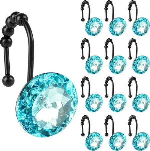 Miniatura 31 de Sunlit Diseño de Lujo Redondo Aqua Azul Diamante Cristal Gema Bling con Bolas Deslizantes Ganchos para Cortina de Ducha, Anillos para Cortina