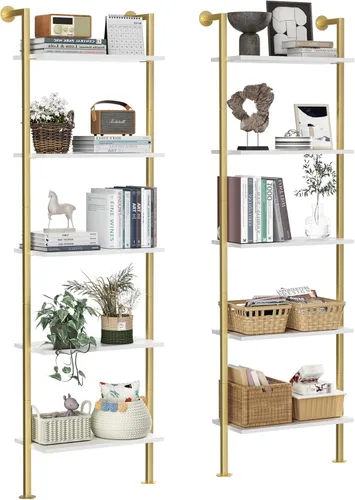 Miniatura 12 de Acovy Estantería de 5 niveles de madera maciza, estante estrecho para libros, estantería de madera, estante de escalera de montaje en pared, estante