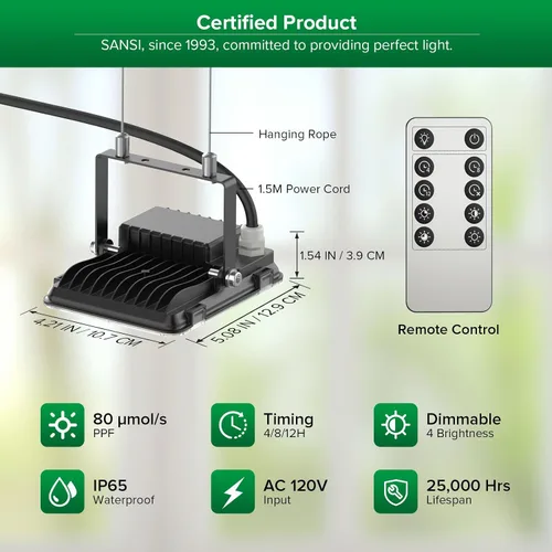 Miniatura 4 de SANSI Luz LED de crecimiento regulable, 3000K 5000K 660nm 730nm espectro completo 45W (equivalente a 340W) con control remoto, temporizador