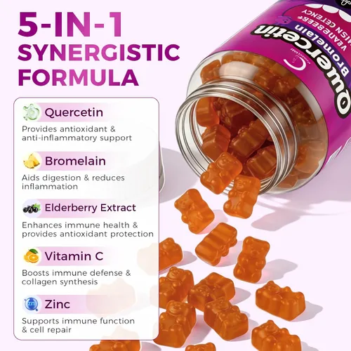 Miniatura 3 de Gomitas de quercetina, quercetina con bromelina, vitamina C, zinc y saúco, apoyo inmunológico de alta potencia, salud respiratoria y suplemento