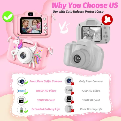 Miniatura 6 de Cámara Mejorada para Niños para Niñas, Regalos de Navidad y Cumpleaños para Niños, Cámara de Video Digital Selfie HD 1080P para Niños Pequeños