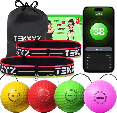 TEKXYZ® - Paquete familiar de pelotas de reflejos con aplicación contadora | Comunidad en línea para pelota de boxeo, ideal para coordinación,