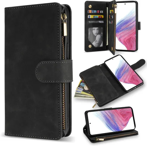 ZZXX Samsung Galaxy A53 5G - Funda para teléfono celular con bloqueo RFID, cartera, soporte, piel sintética suave de alta calidad, color negro, 6.5