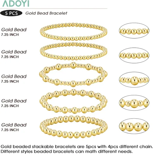 Miniatura 5 de adoyi - Pulseras de oro para mujer, impermeables, con cuentas de bolas chapadas en oro de 14K, pulseras ajustables apilables para regalos