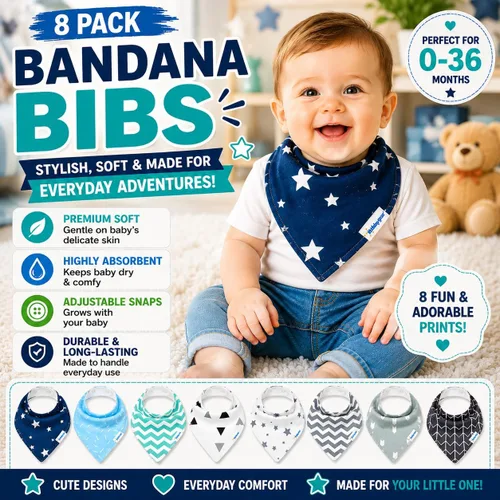 Miniatura 2 de KiddyStar Drool Bibs for Babies – Organic, Unisex, Soft Absorbent Teething Bibs with Adjustable Snaps Paquete de 8 baberos bandana de moda