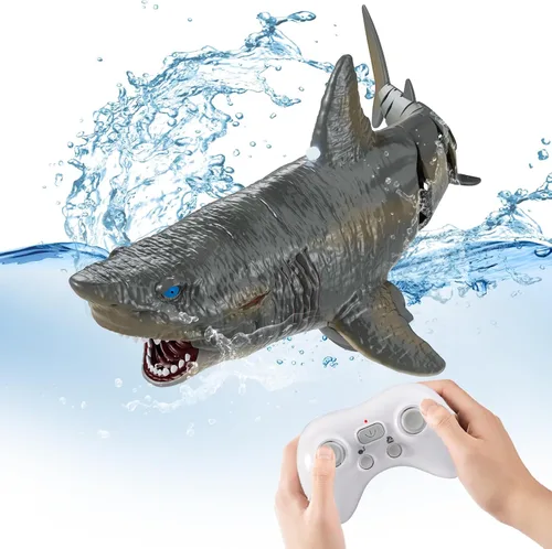 Juguetes de agua de tiburón a control remoto para piscina, juguetes de verano para niños, megalodón de natación realista recargable con luz, regalo