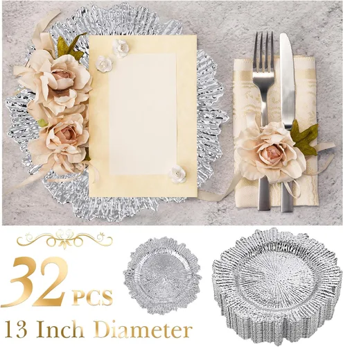 Miniatura 2 de Juego de 32 bajoplatos Reef para mesa de cena, bandeja de servicio, bajoplatos florales de plástico decorativos para decoración de mesa, para bodas