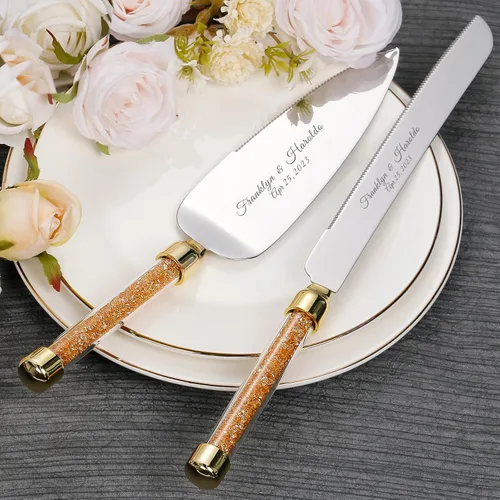 Miniatura 10 de Juego de cuchillo y servidor personalizado para pastel de boda, juego de corte de pastel de cristal grabado, cortador de pastel plateado, cuchillo