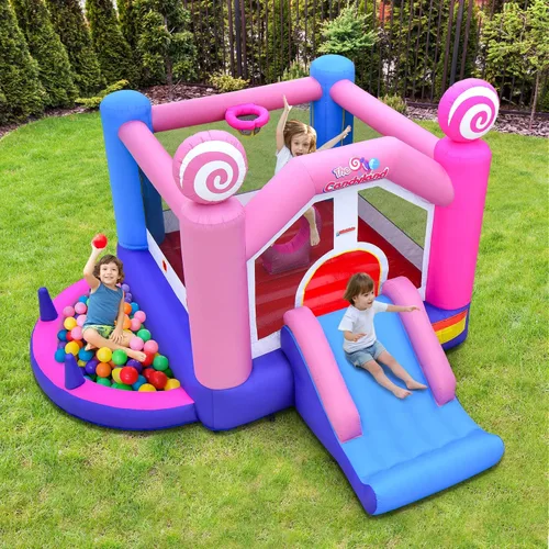 Miniatura 2 de OLAKIDS Inflatable Bounce House, Kids Pink Jumping Castle with Slide, Ball Pit, Climbing Wall, Basketball Rim, Indoor Outdoor Inflatable Obstacle