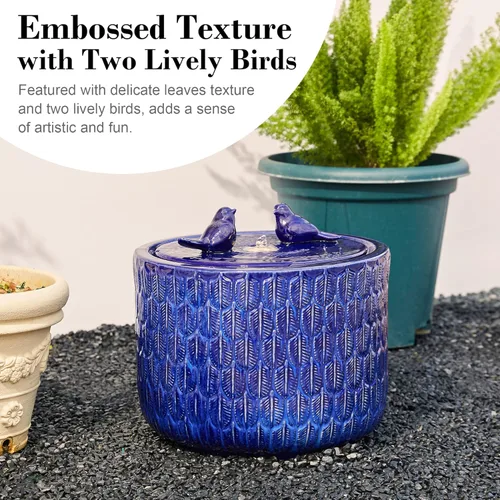 Miniatura 2 de Glitzhome Fuente de agua de cerámica para jardín de 14.75 pulgadas de alto con luces LED y bomba, dos pájaros en relieve con patrón de hojas