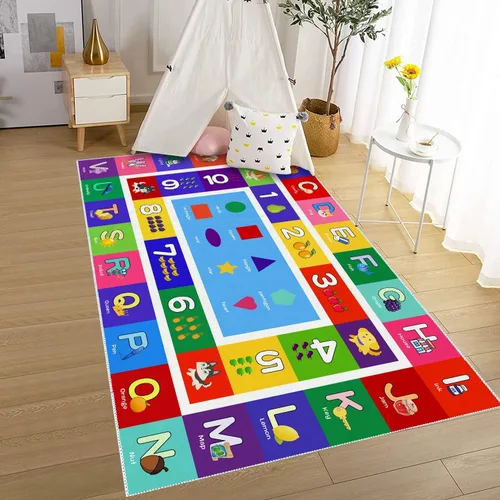 Miniatura 10 de ABC - Alfombra de juego para niños, con forma del alfabeto, con números del alfabeto, alfombra de área educativa de aprendizaje de frutas, grande