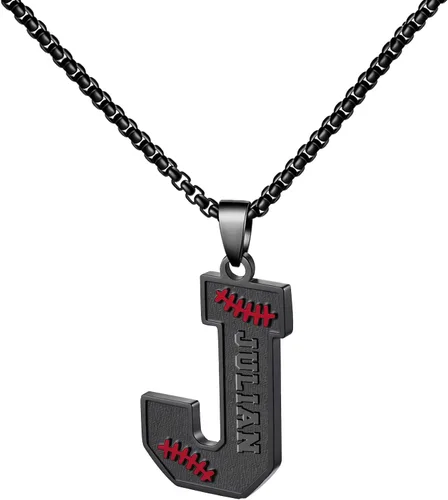 Miniatura 55 de Ldurian Collar personalizado con nombre de béisbol, cadena negra de acero inoxidable, collar con nombre deportivo, letra A-Z de 24 pulgadas, regalos