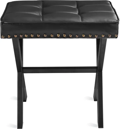 Miniatura 8 de LUE BONA Taburete de tocador, asiento cuadrado de maquillaje de piel sintética con patas en X de metal, pequeña silla otomana para sala