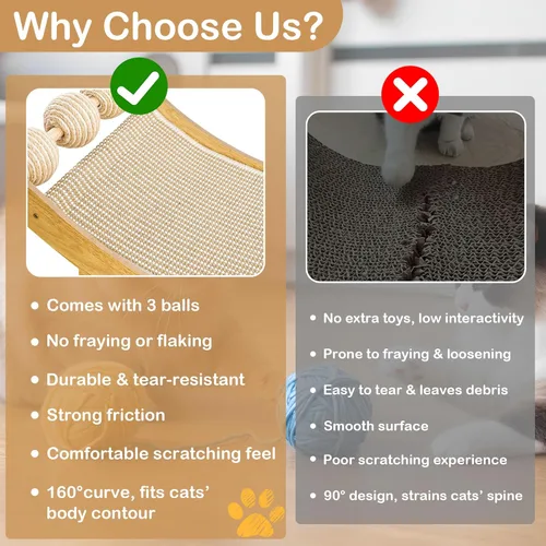 Miniatura 5 de DWCN Hamaca rascador grande 3 en 1 para gatos, almohadilla para rascar con 3 bolas de sisal natural, protector de muebles, regalo para gatos