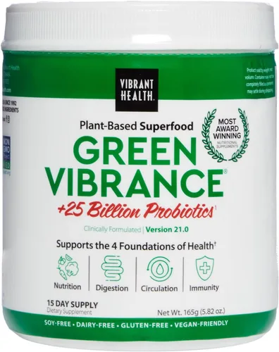 Miniatura 10 de Vibrant Health, Green Vibrance, incluye 65 superalimentos a base de plantas, 25 mil millones de probióticos, fibra, adaptógenos y enzimas, 30