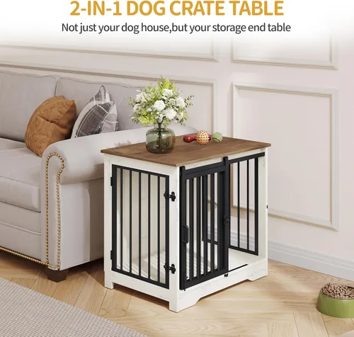 Miniatura 2 de Hzuaneri Mueble de jaula para perros de 27.2 pulgadas con puerta de granero, perrera resistente para interiores con 2 puertas, mesa auxiliar
