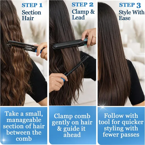 Miniatura 2 de Peine Alisador de Cabello HerStyler - Peine Alisador para Plancha - Facilita el Estilo - Obtén Cabello Lacio en Minutos (Azul)