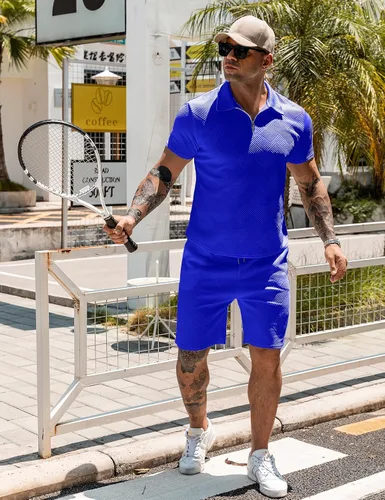 Miniatura 2 de URRU Conjunto de camisa polo y pantalones cortos para hombre trajes de verano a la moda casual manga corta traje polo para hombre 2 piezas