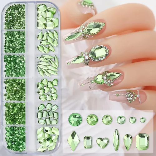 Diamantes de imitación verdes para uñas, gemas de diamantes de imitación de cristal 3D, diamantes de imitación de parte trasera plana, varios