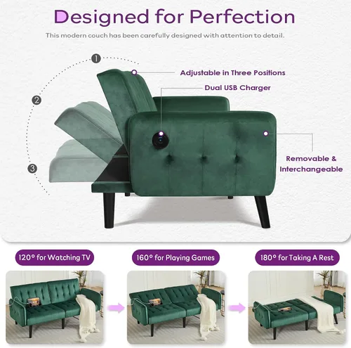 Miniatura 4 de TYBOATLE Sofá Cama Futón Plegable Convertible Moderno de Terciopelo de 65" de Ancho con 2 Puertos de Carga USB y Brazos, Sofá de Dos Plazas