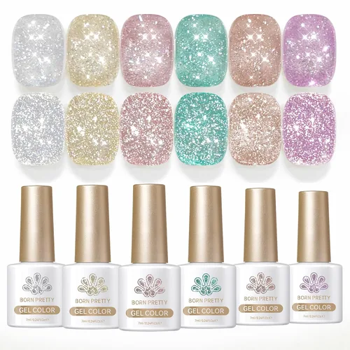 Born Pretty Esmalte de uñas de gel con purpurina reflectante, 6 colores de primavera y verano, esmalte de gel holográfico de larga duración, juego