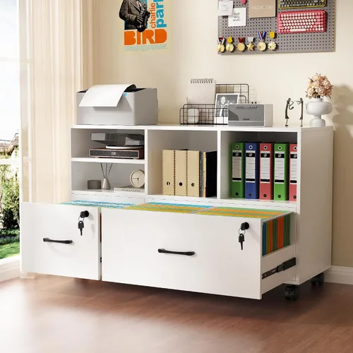 Miniatura 11 de Semoic Archivador de 2 cajones con cerradura, archivador lateral móvil para tamaño carta/legal/A4, estante ajustable de almacenamiento abierto