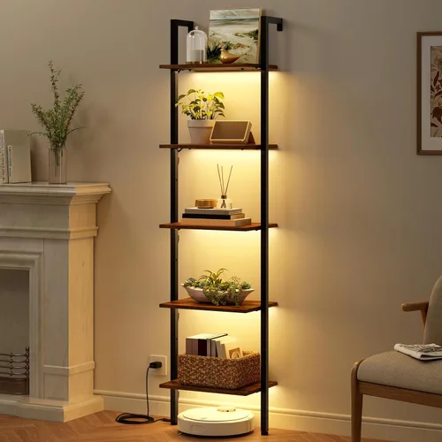Miniatura 14 de Tajsoon Estante de escalera de 5 niveles con luz, estante de madera para libros montado en la pared, estantería de escalera con marco de metal