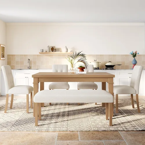 Miniatura 3 de P PURLOVE Juego de mesa de comedor de 6 piezas, mesa de cocina rectangular de madera con 4 sillas tapizadas, 1 banco para comedor y sala de estar