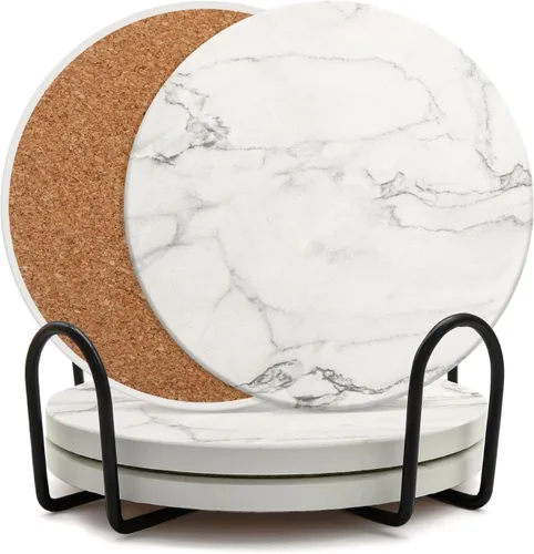 Juego de 4 posavasos con soporte, posavasos de cerámica absorbente para mesa de comedor, juego de posavasos redondos de 4 pulgadas para bebidas,