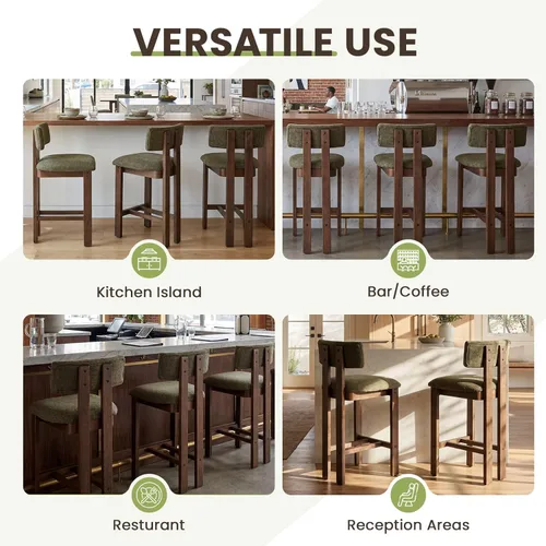 Miniatura 3 de DUOMAY 26 Inch Modern Bar Stools Set of 2, Linen Farmhouse Counter Stools Wooden Barstools, Green Upholstered Counter Height Bar Stools with Curved