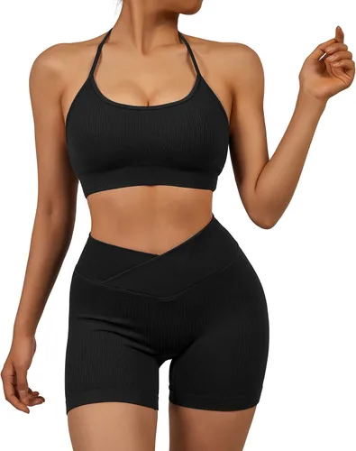 Miniatura 3 de OMKAGI Conjuntos de entrenamiento para mujer, sin costuras, brasier deportivo, levantamiento de glúteos, pantalones cortos de entrenamiento