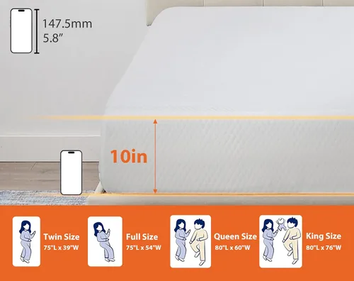 Miniatura 2 de Colchón de tamaño individual de 5/6/8/10/12 pulgadas con funda, colchón de espuma viscoelástica de gel refrescante para un sueño fresco y alivio