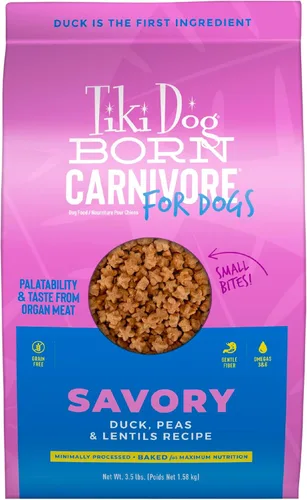 Tiki Dog Born - Carnívoro para perros, receta de pato, guisantes y lentejas, croqueta horneada sin granos para una máxima nutrición, para perros