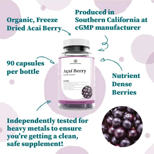 Miniatura 3 de Nature Restore Suplemento orgánico de bayas de acai, liofilizado, 90 cápsulas de bayas de acai, sin OMG, sin gluten, vegano