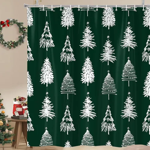 Miniatura 9 de Cortinas de Ducha de Navidad para Baño, Azul Lindo Muñeco de Nieve Árbol de Navidad Invierno Paisaje Natural Juego de Cortinas de Ducha, Tela