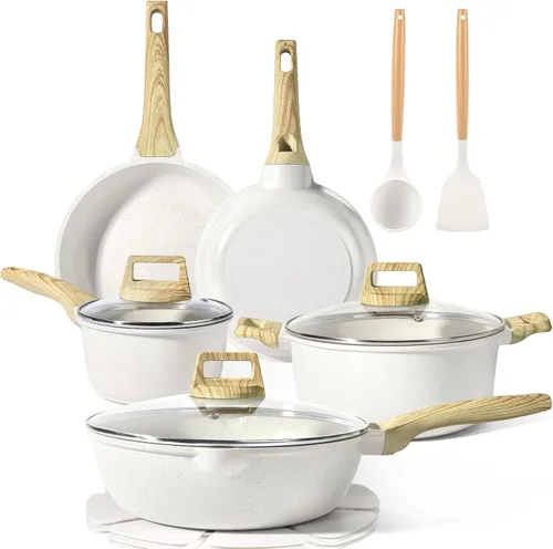 GiPP Juego de ollas y sartenes antiadherentes, 14 piezas de utensilios de cocina de granito blanco, utensilios de cocina antiadherentes de inducción