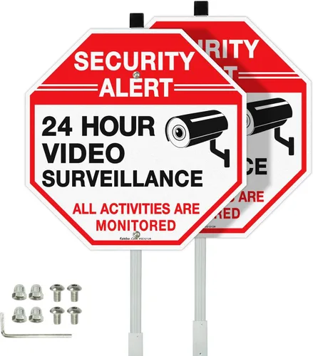 Faittoo Letrero de Seguridad Letrero de Videovigilancia con Estaca de 36" para Exterior, Paquete de 2 de 12"x12" Aluminio Pesado Libre de Óxido,