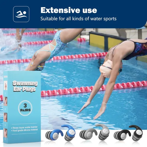 Miniatura 6 de Tapones para los oídos de natación para adultos, 3 pares de tapones de silicona impermeables reutilizables para natación, surf, buceo, ducha