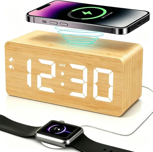 URAYCO Reloj despertador digital de madera con cargador inalámbrico rápido de 10W, puertos de carga USB, DST, atenuable, modo repetición, pantalla