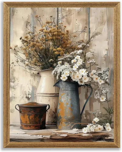 Krtoni Arte de Pared de Lienzo Vintage Enmarcado Estilo Granja, Cuadro de Margaritas Florales Campestres para Decoración de Pared, Póster de Flores