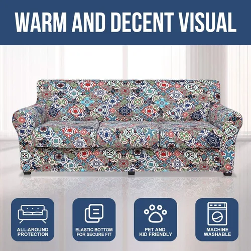 Miniatura 7 de hyha Funda para sofá, diseño floral, elástica, estampada, 4 piezas, fundas para sofá de 3 cojines separados, protector de muebles lavable para Beige