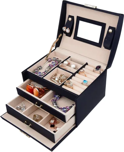 Miniatura 2 de Caja de joyas de piel Goldwheat con cerradura y espejo. Excelente regalo para mujeres., Cuero sintético, Negro, M