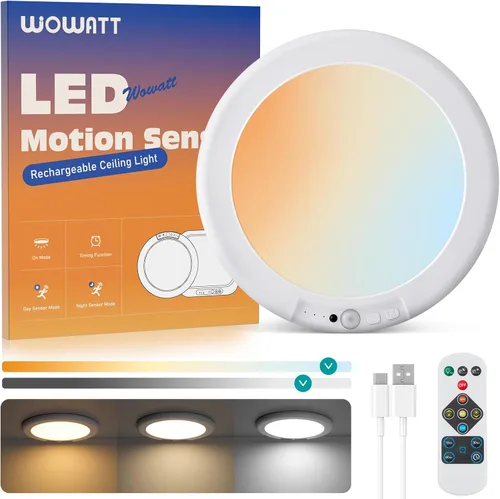 Miniatura 12 de wowatt: lámpara de techo recargable operada por batería, luz de sensor de movimiento para interiores, lámpara de ducha inalámbrica con mando a