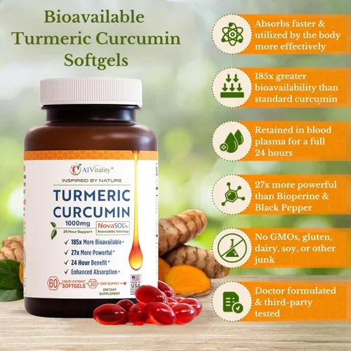 Miniatura 4 de A1 Vitality - Suplementos NovaSOL de curcumina de cúrcuma, 1000 mg más potentes que la bioperina, inflamación, alivio del dolor articular, 185 veces