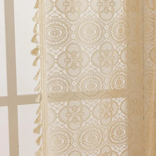 Miniatura 4 de YJ YANJUN - Cortinas de café boho, 24 pulgadas de largo, 2 paneles, cada una de 59" de ancho x 24" de largo, beige, con crochet, cortinas de cocina